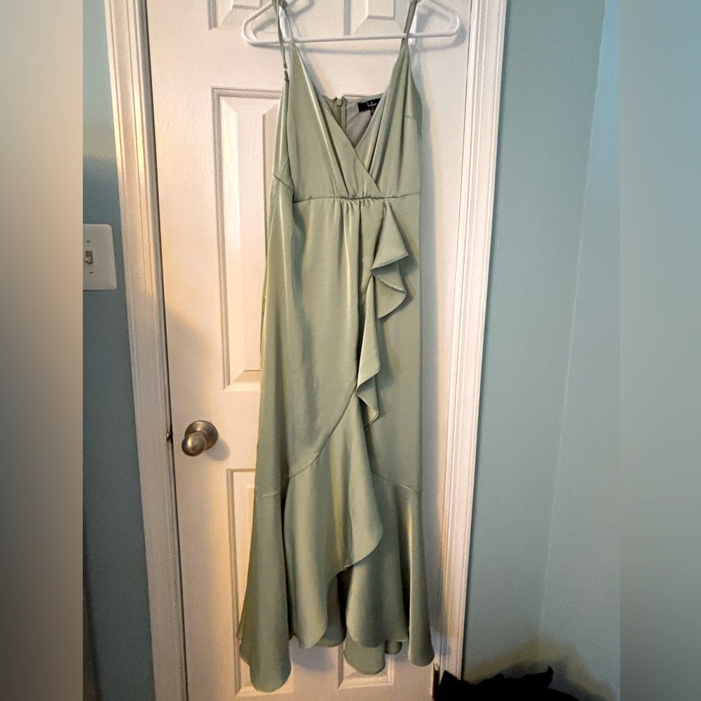 Lulus sage green satin ruffles dress. Size small